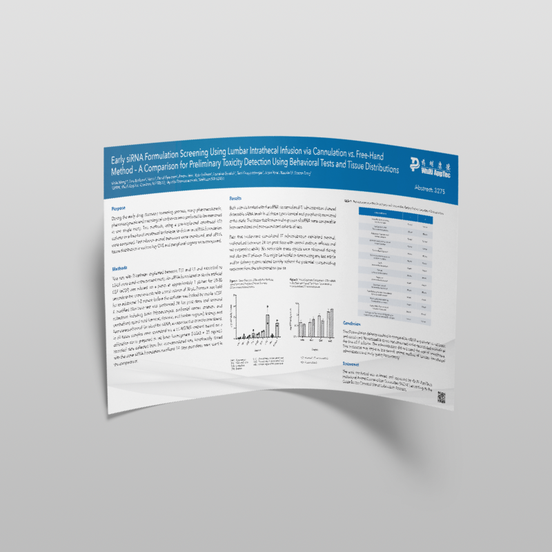 Poster: Early siRNA Formulation Screening Using Lumbar Intrathecal Infusion via Cannulation vs. Free-Hand Method – A Comparison for Preliminary Toxicity Detection Using Behavioral Tests and Tissue Distributions